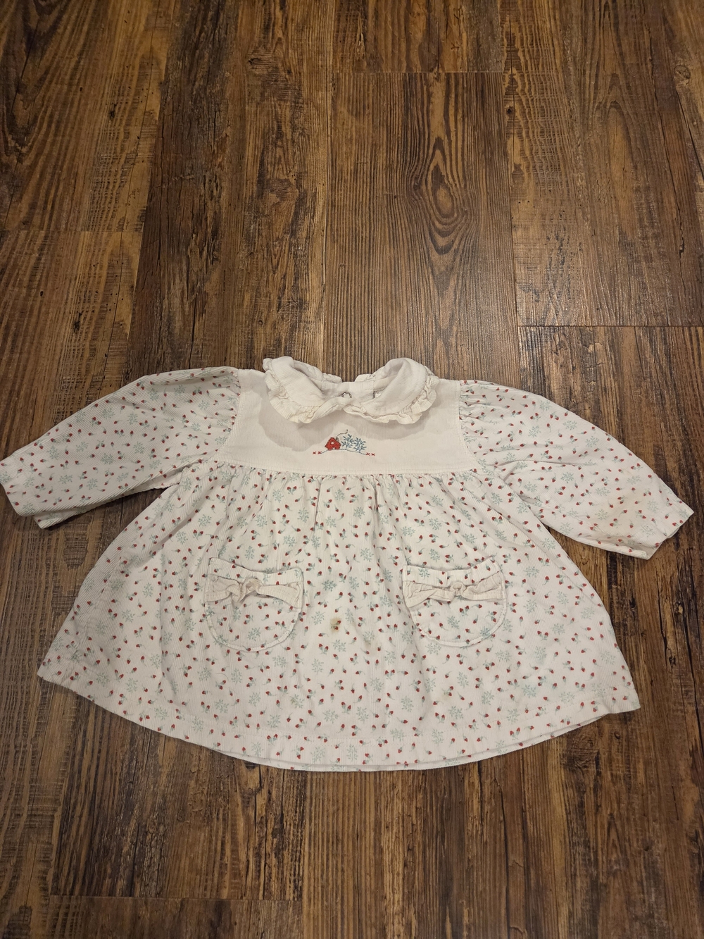 Little Me Cream Floral Dress with Red and Green Accents